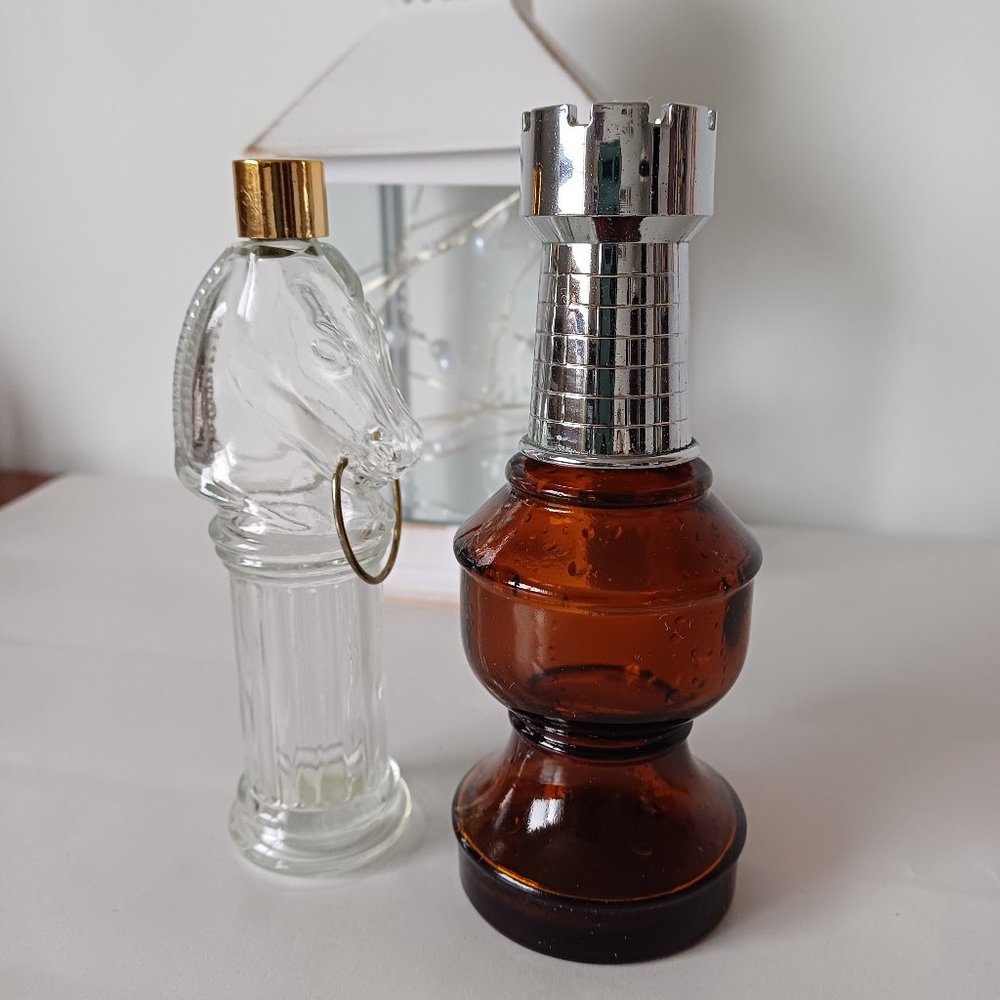 Two Vintage 1970s AVON Collectible Glass Bottles #10 & #15 Rook & Horse Chess